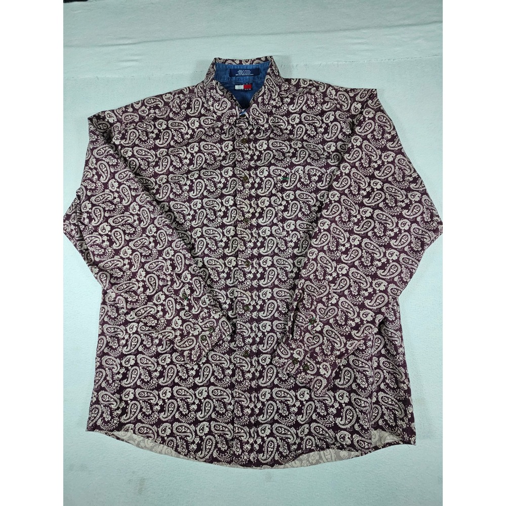 Vintage Tommy Hilfiger Mens XL Paisley Button Up Shirt Burgundy Cotton L/S